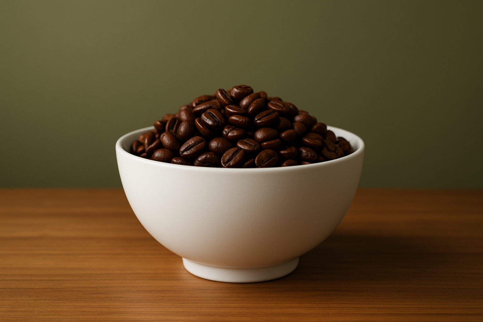 Eine elegante, weiße Keramikschale, gefüllt mit glänzenden, dunkelbraunen Kaffeebohnen. Die Schale steht mittig auf einem schlichten Holztisch. Der Hintergrund ist eine glatte Wand in Olivgrün. Minimalistisches, modernes Setting mit sanfter Beleuchtung, die die Textur der Kaffeebohnen und die Reinheit der weißen Schale betont. Hochwertiger Fotografie-Stil, klare Linien, ästhetische Darstellung.